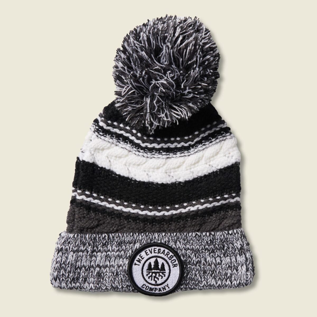 Knitted Stocking Hat with Pom (BLACK/GREY/WHITE)