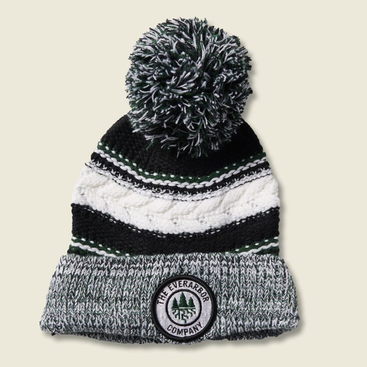 Knitted Stocking Hat with Pom  (GREEN/BLACK/WHITE)